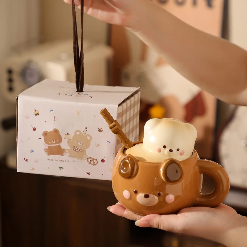 Ceramic Bear Mug with Lid and Spoon Set