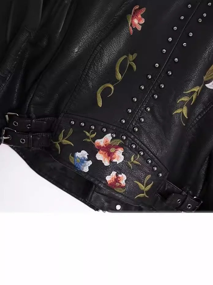 Embroidered Rivet Leather Jacket in Slim Fit