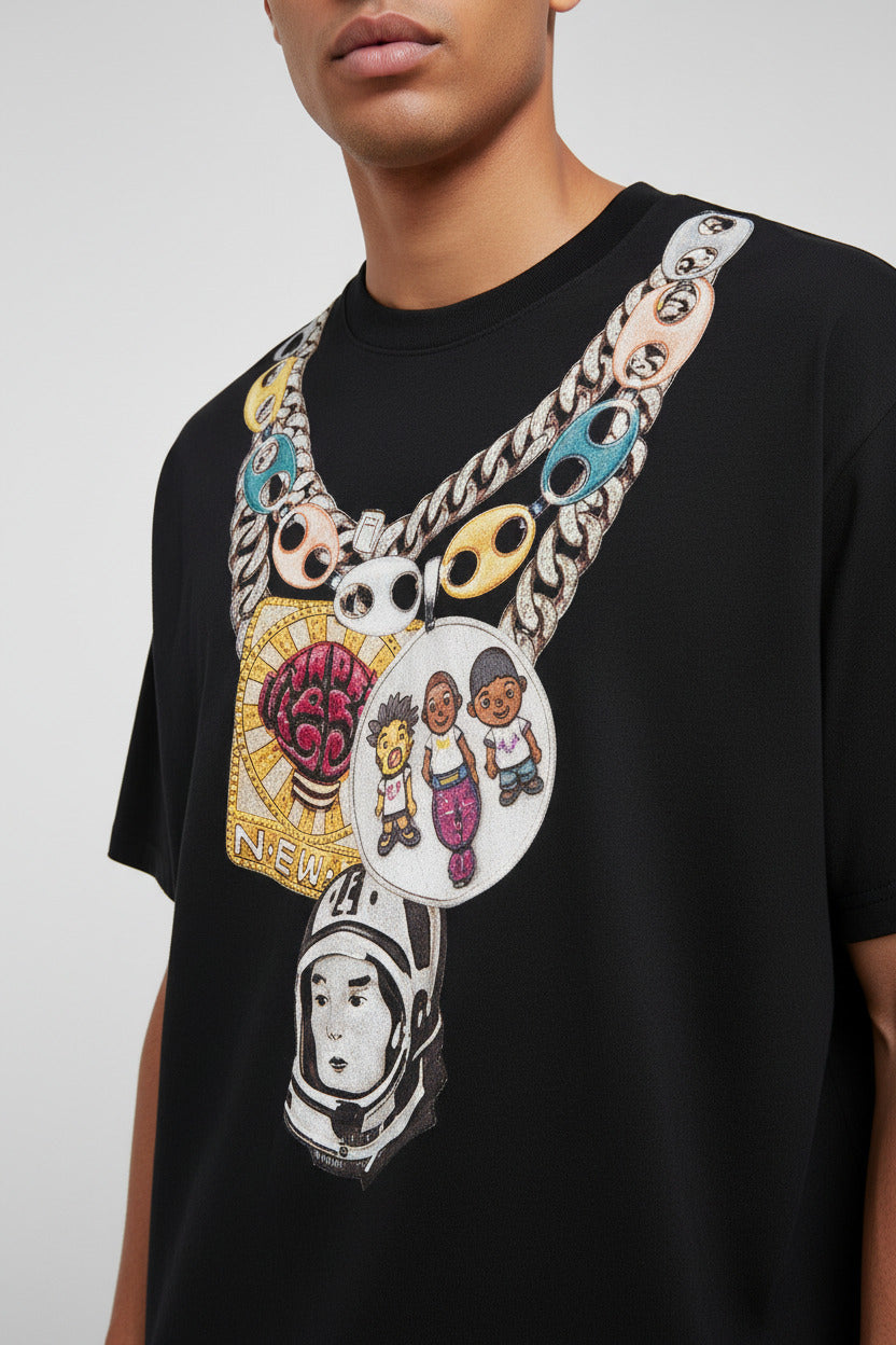 Black t-shirt with a colorful chain necklace on a white background