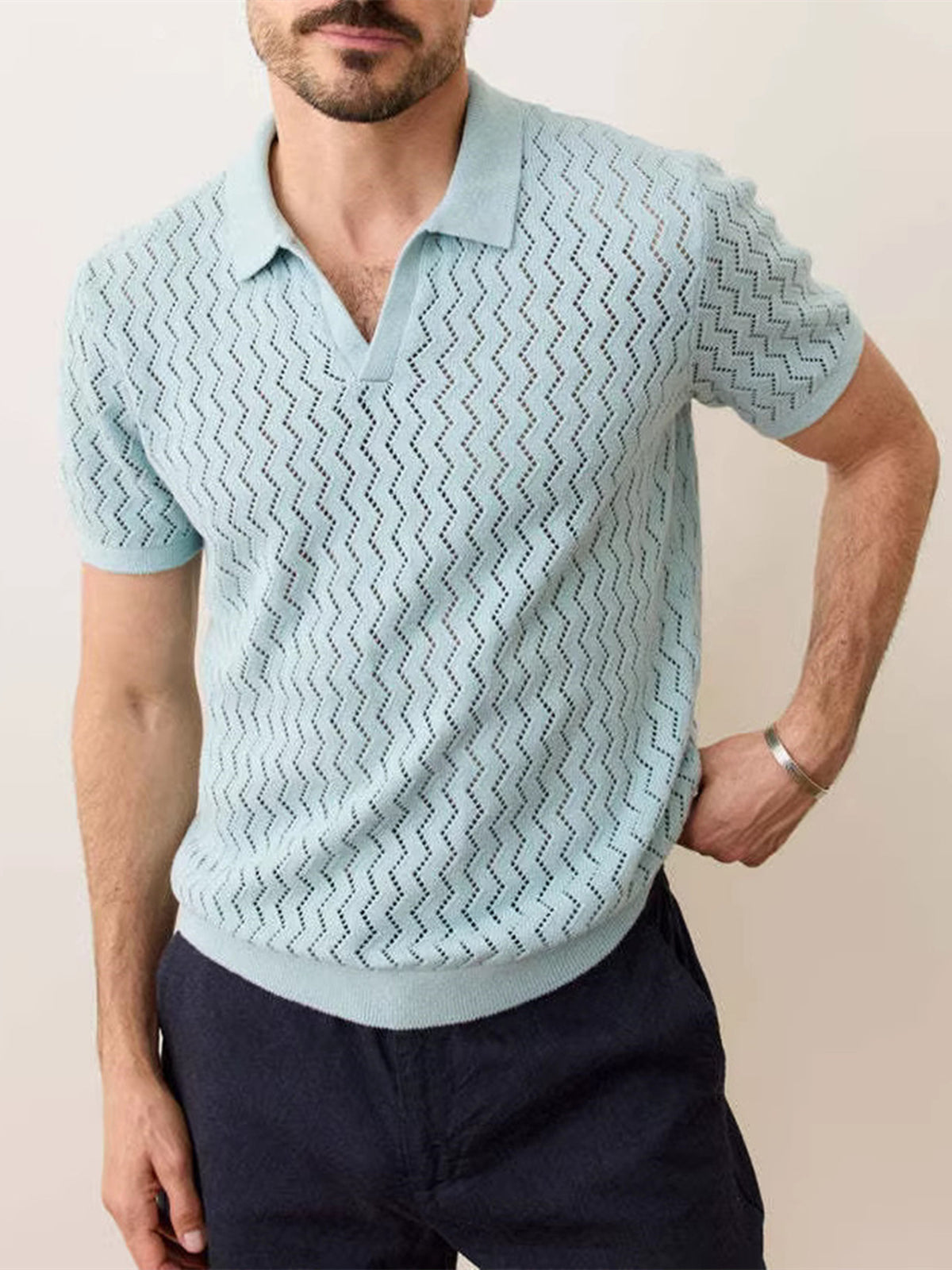Mens Breathable Hollow Knit Polo Shirt