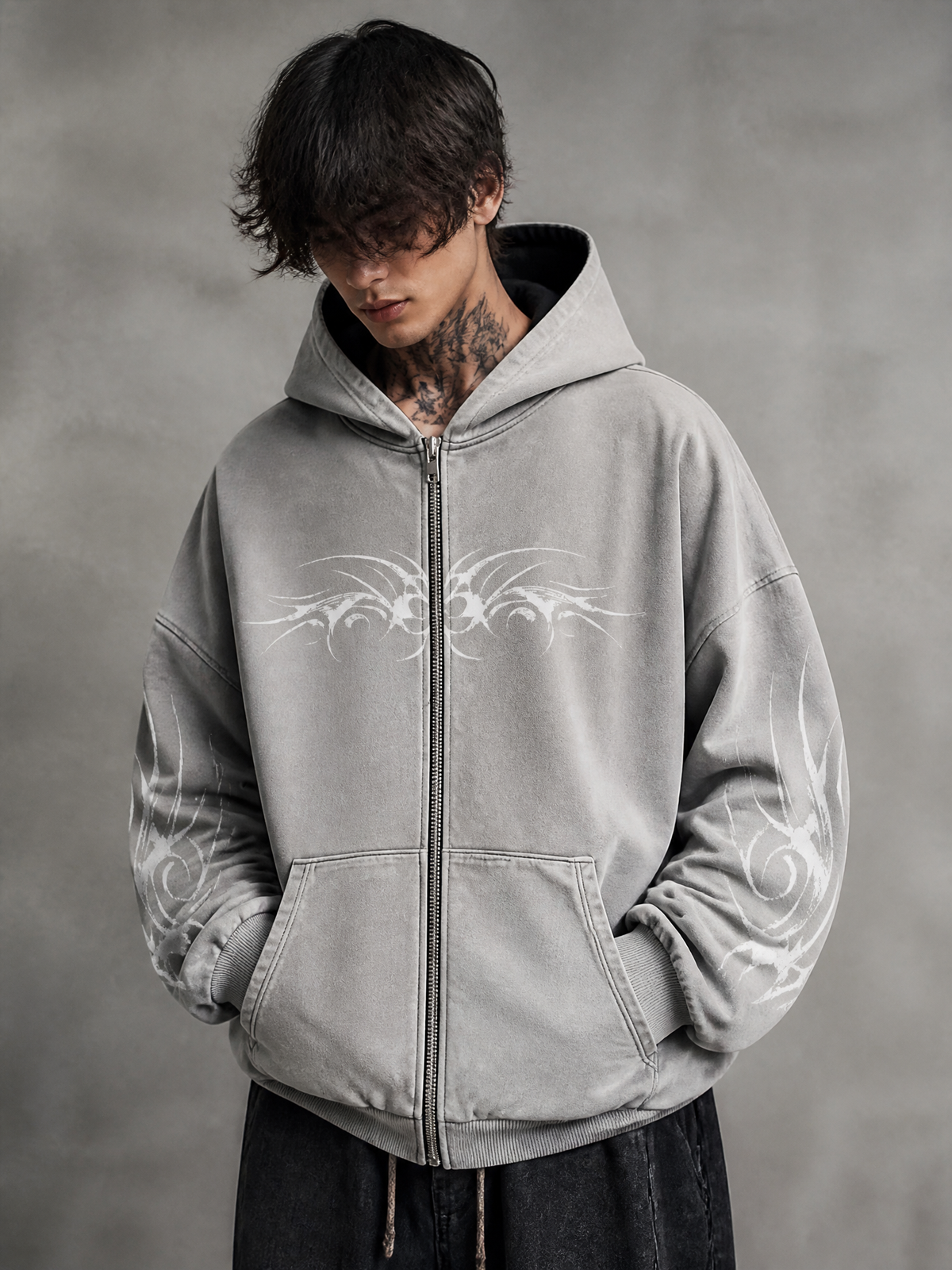 Gothic Graphic Zip-Up Hoodie in Premium Textured Corduroy