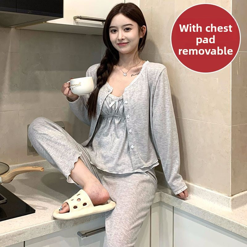 Sling Nightgown with Chest Pad Thin Three-piece Set