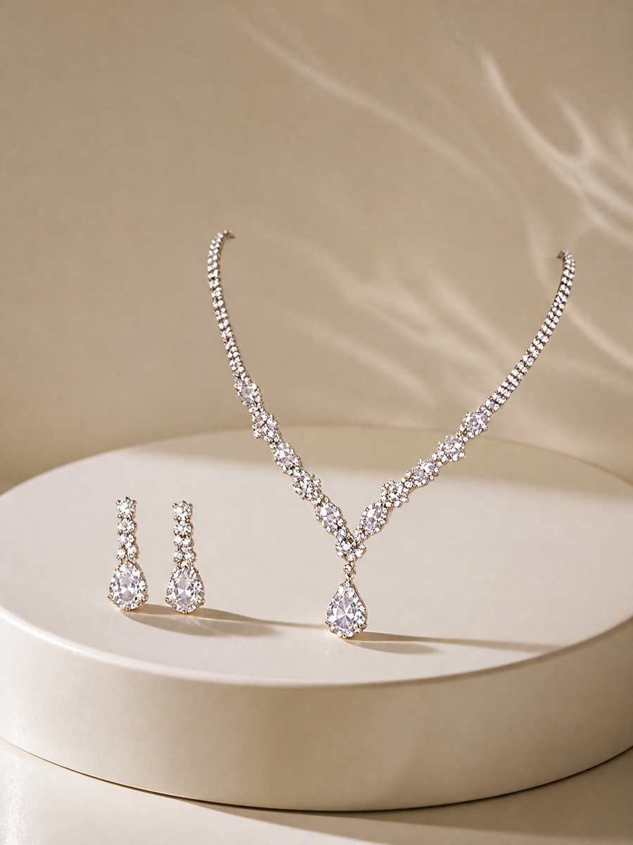 Crystalline Teardrop Necklace and Earring Jewelry Set