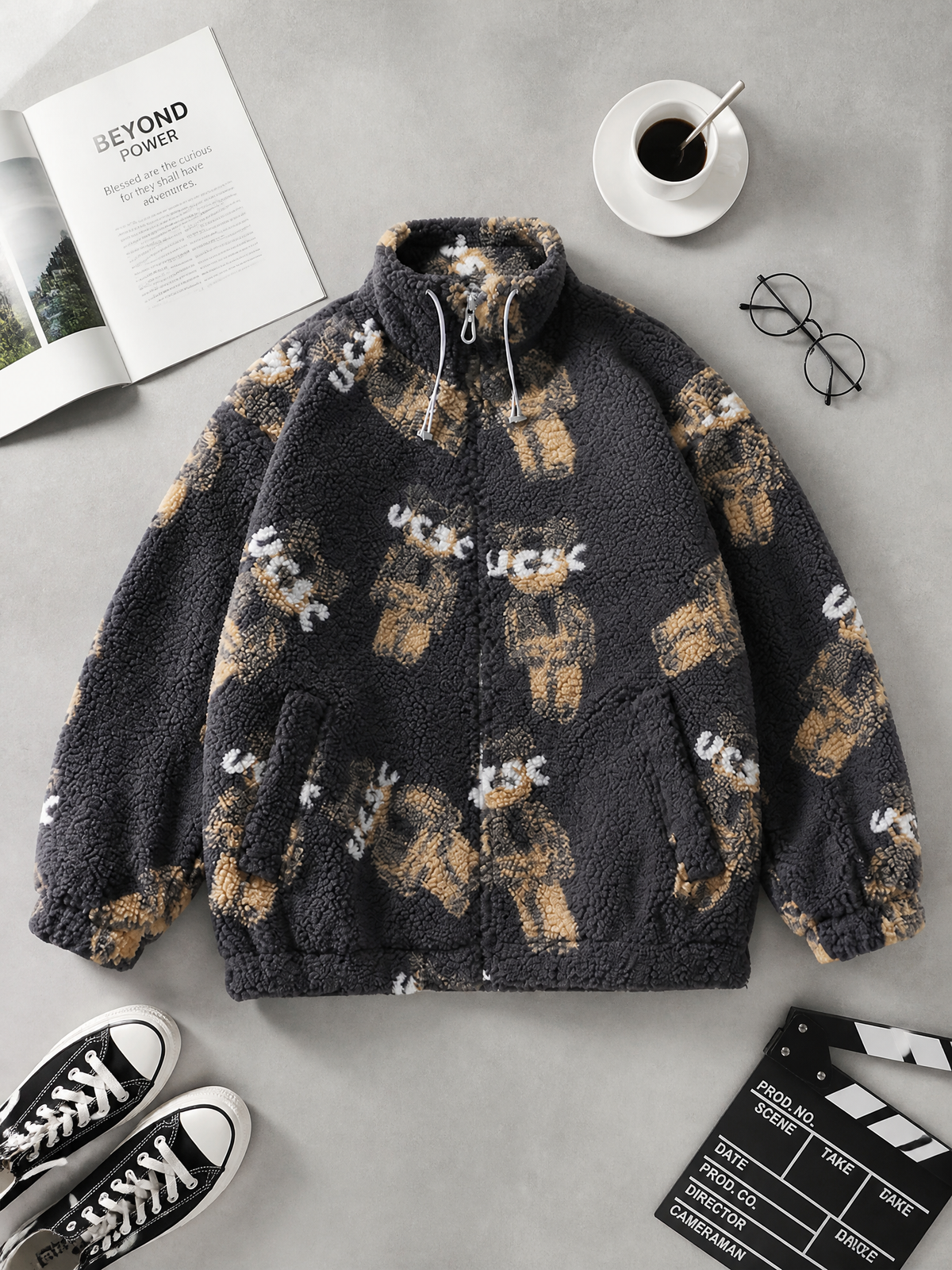 Graphic Sherpa Fleece Jacket, Oversized Stand Collar Outerwear