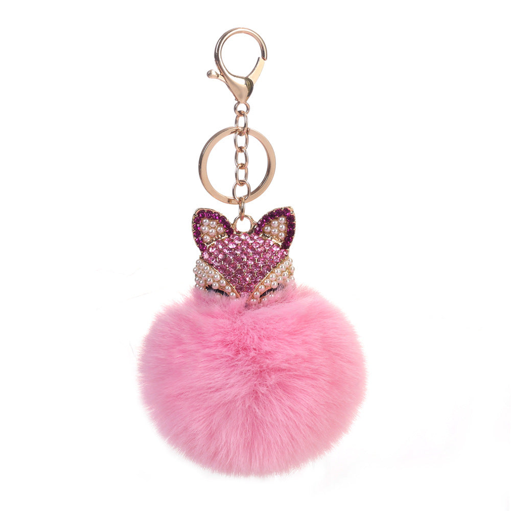 Korean Alloy Diamond Pearl Fox Fur Keychain