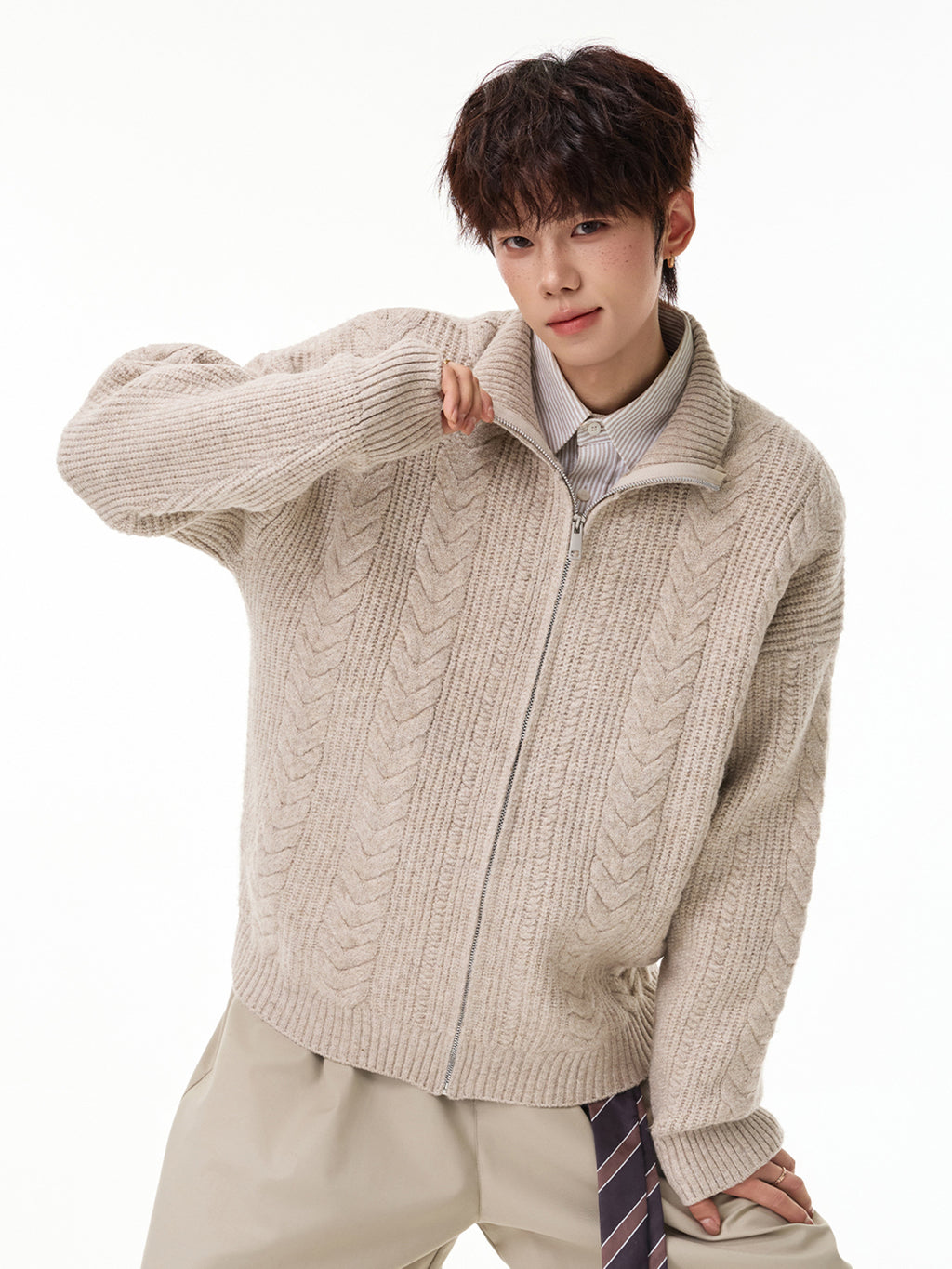 Men Zippered Knit Cardigan Sweater Vintage Wheat Knot Pattern