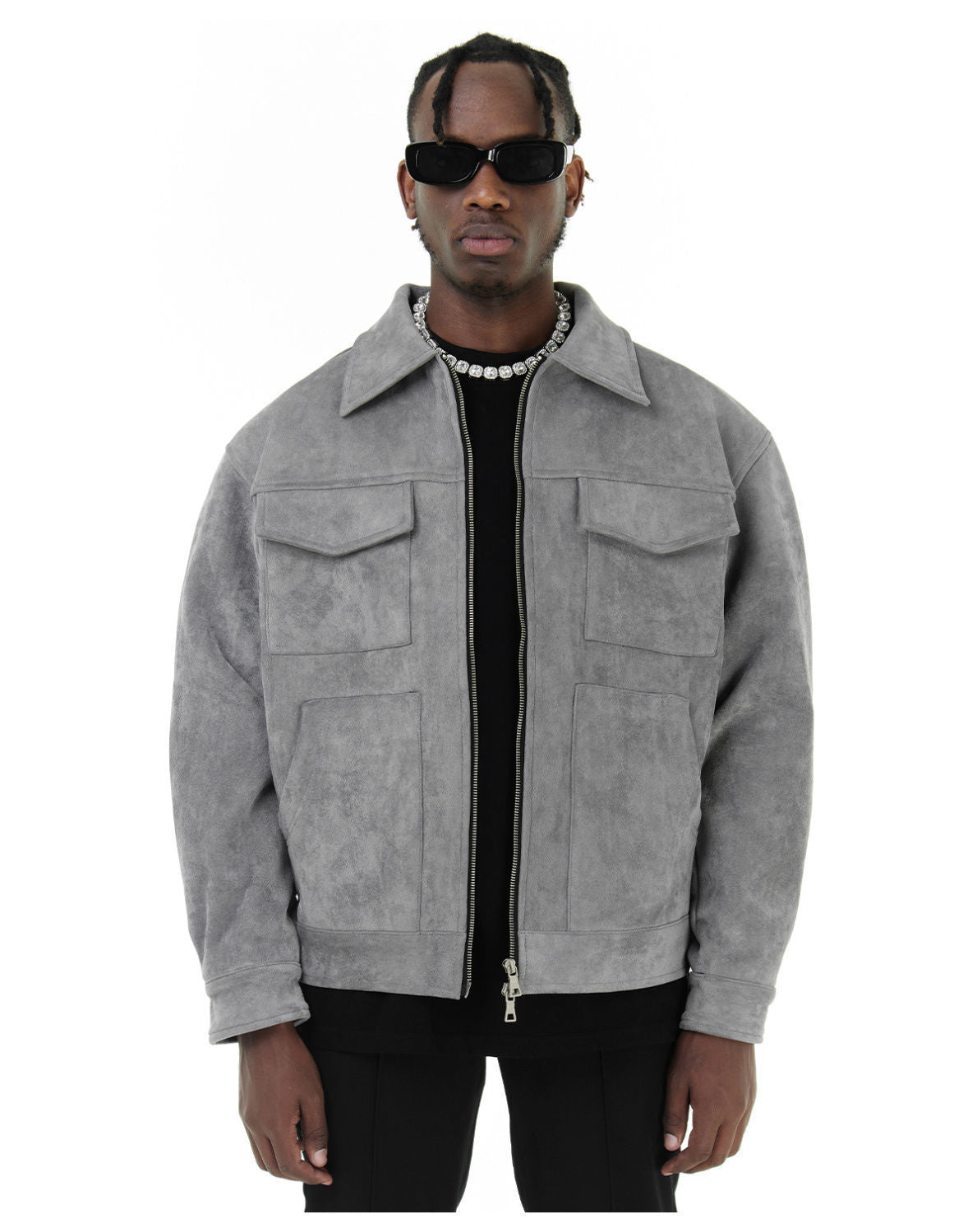 Mens Casual Suede Jacket with Lapel Collar