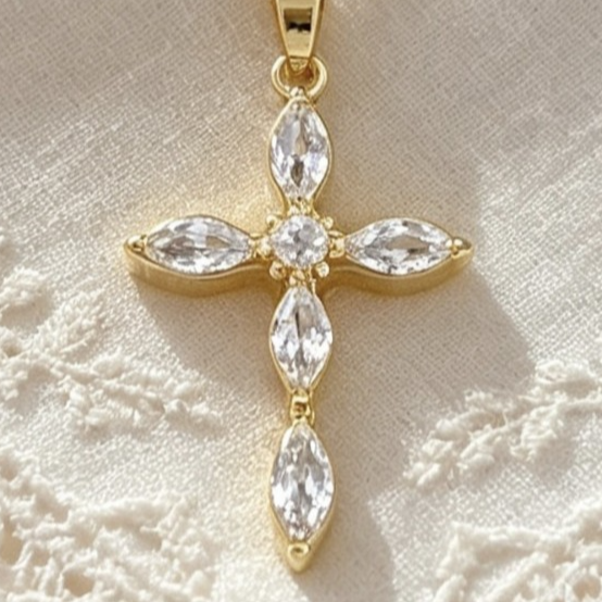 Crystal Cross Pendant Necklace in Gold-Tone Titanium
