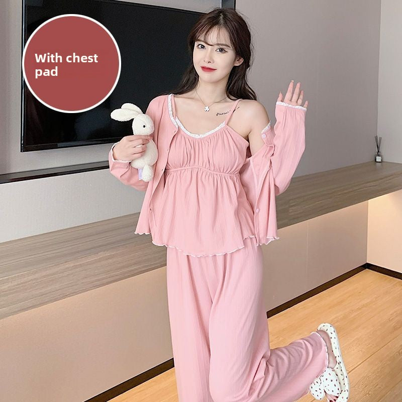Sling Nightgown with Chest Pad Thin Three-piece Set