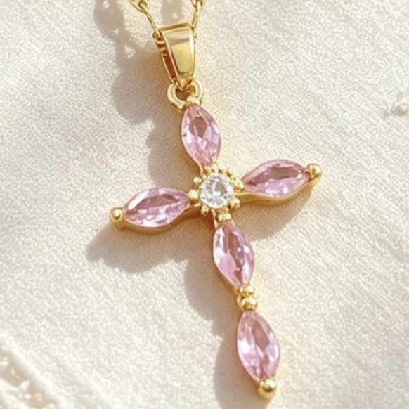 Crystal Cross Pendant Necklace in Gold-Tone Titanium