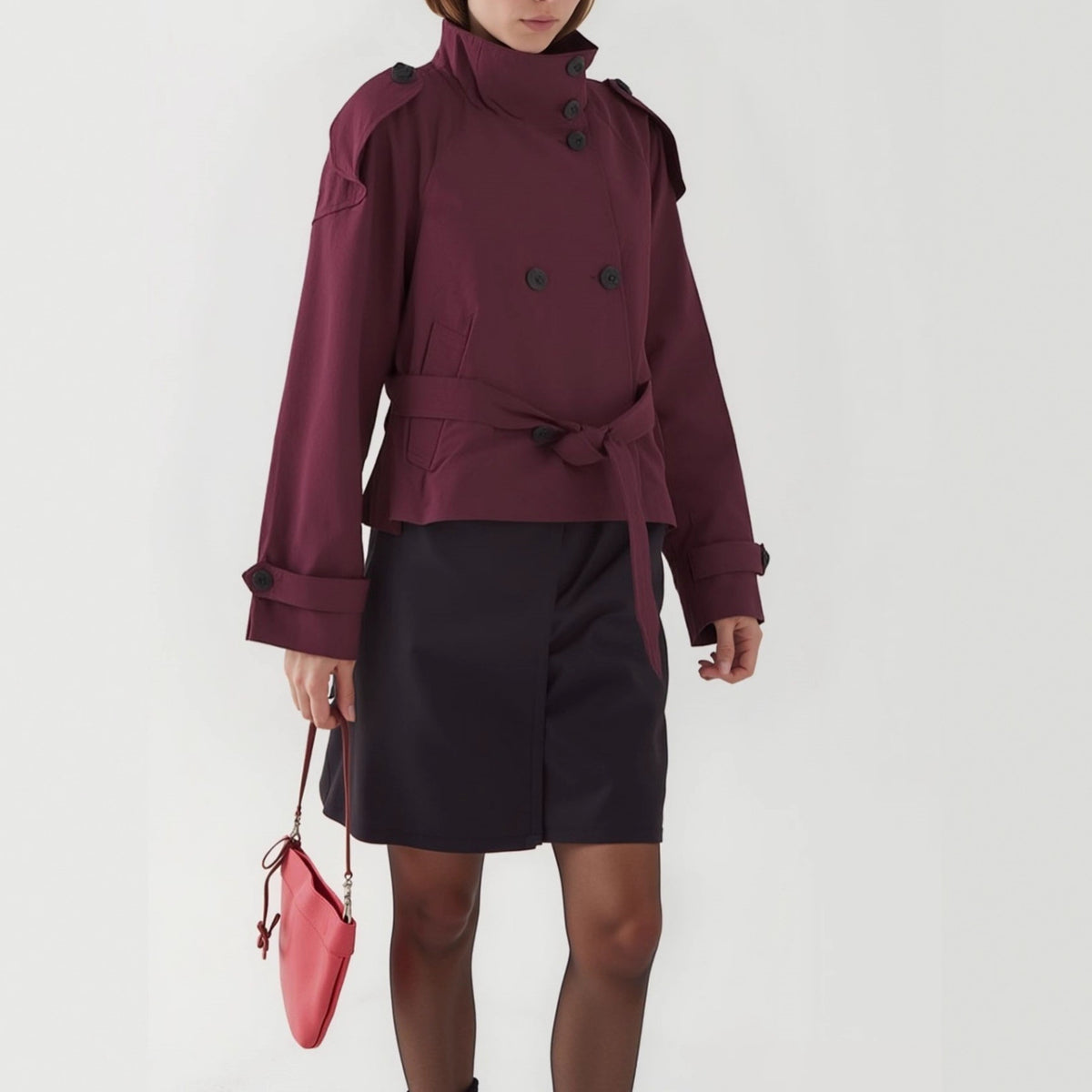 Retro V-neck double-buttoned belted short coat