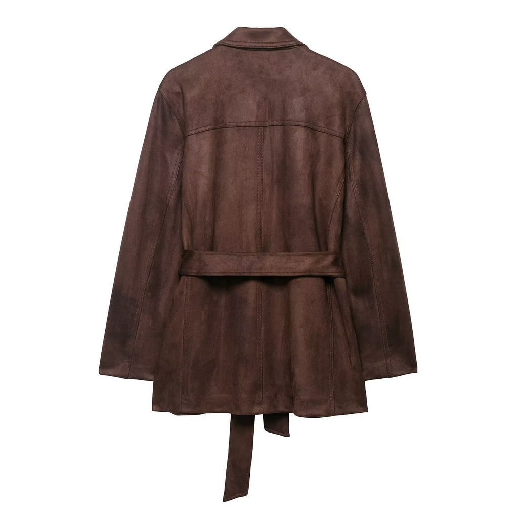 Womens Suede Effect Belted Jacket