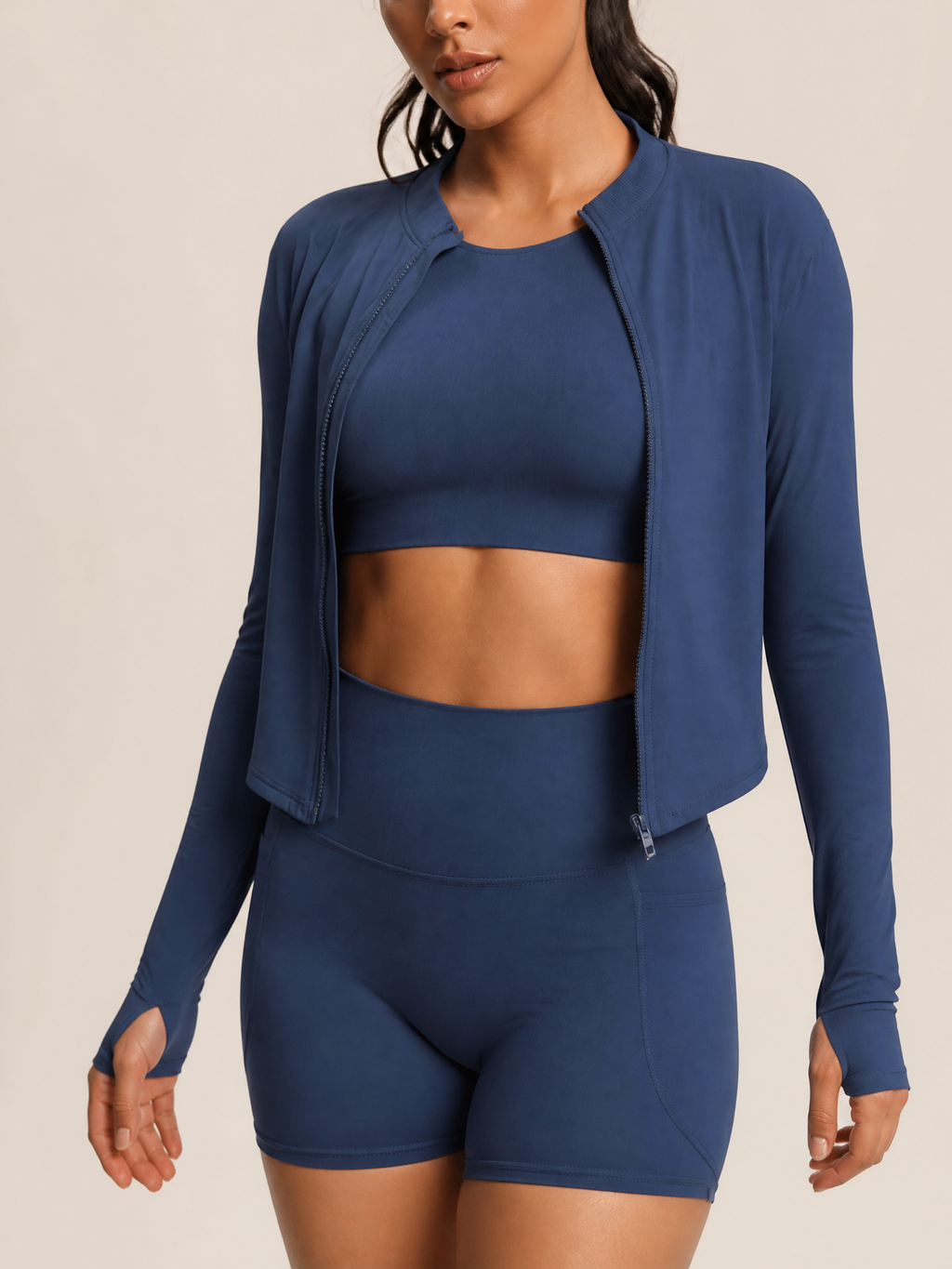 Three-Piece Yoga Set: Cropped Jacket, Sports Bra, and Pocket Shorts