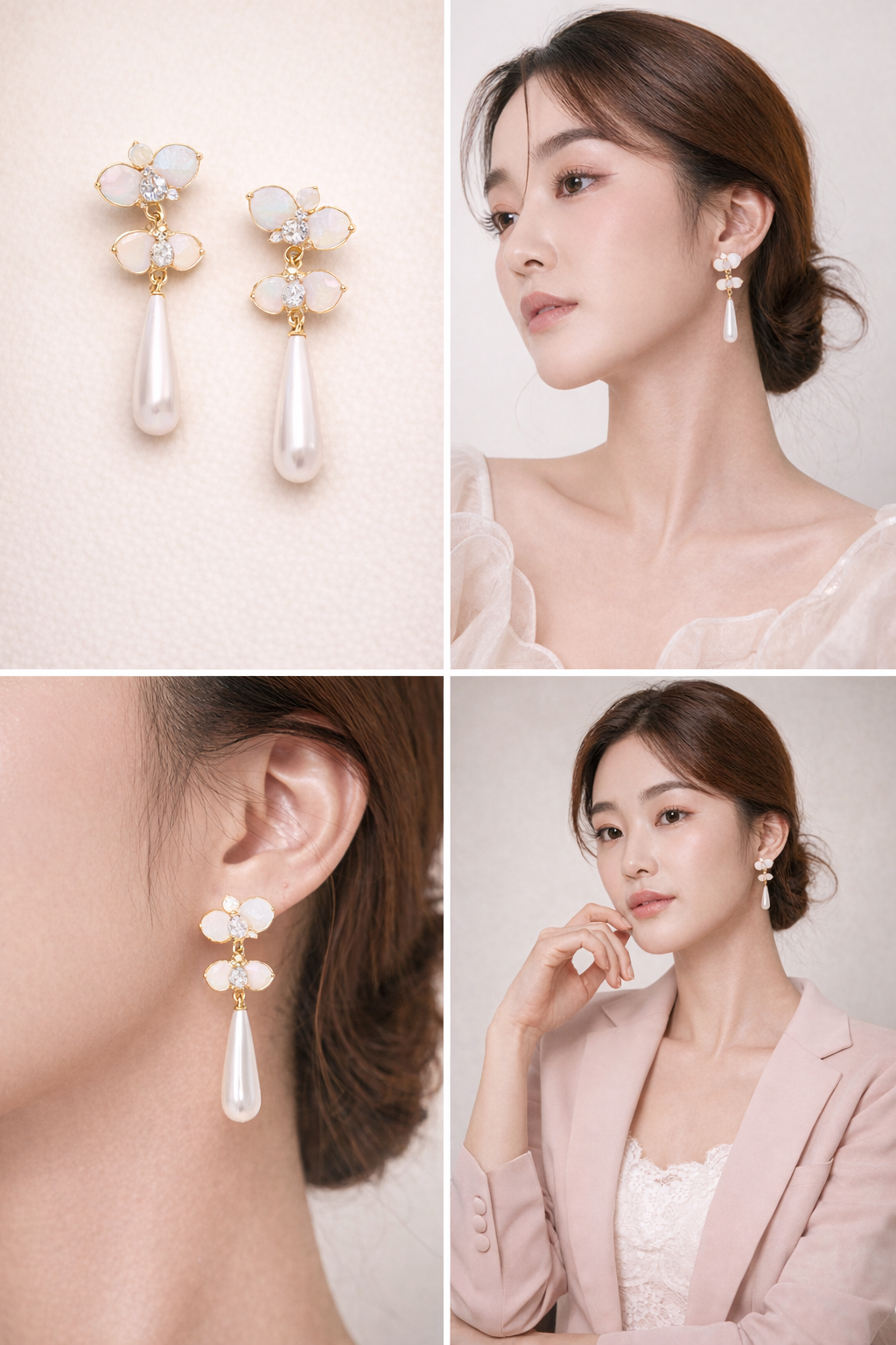 Floral Pearl Drop Earrings with Diamond Accents — Storyboard 1